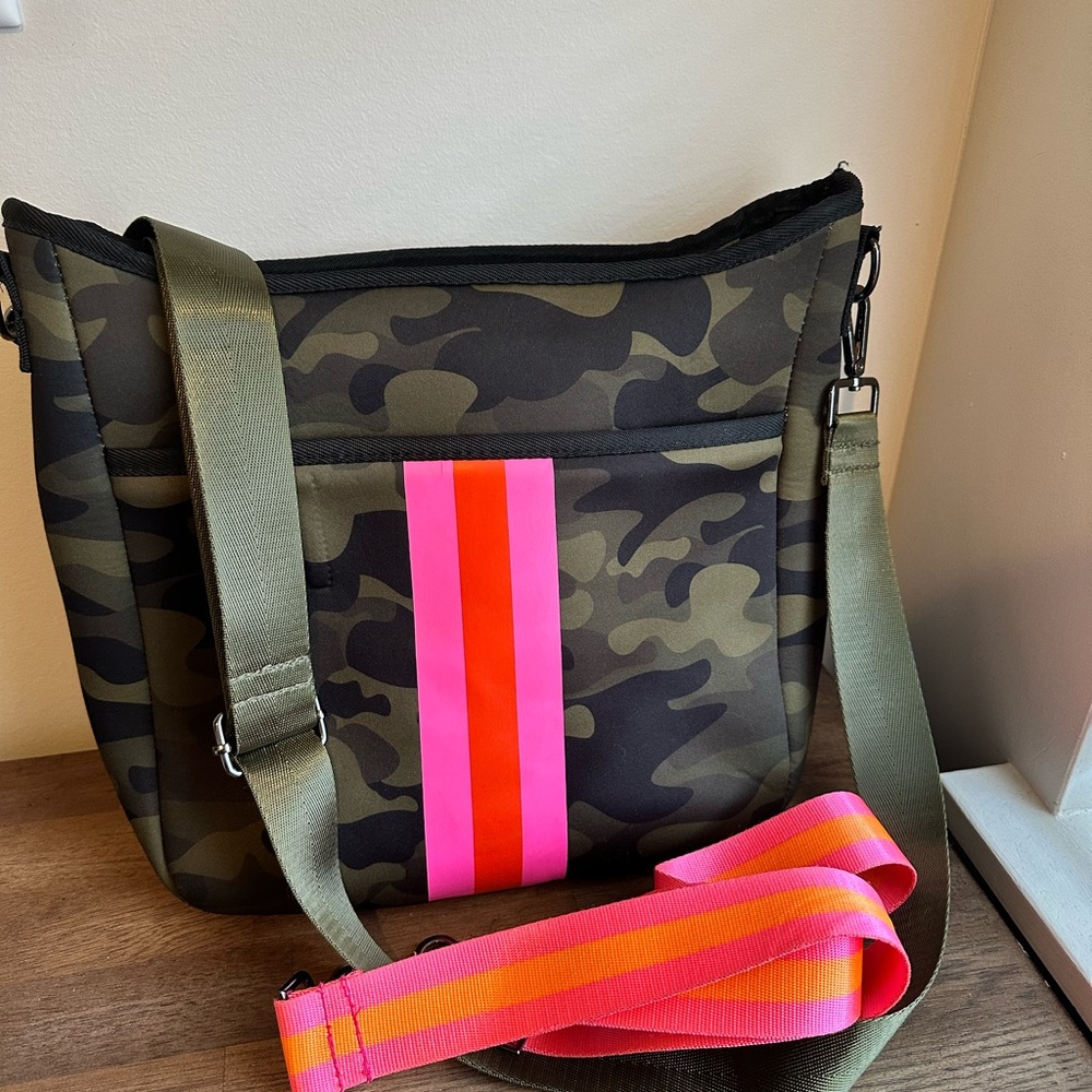 Haute Shore Camo Crossbody Bag with Pink and Orange Stripes